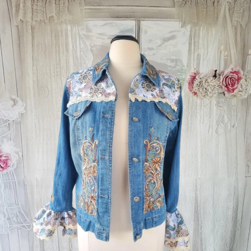 Embroidered Boho Rhinestone Jean Jacket