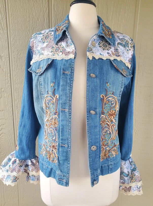 Embroidered Boho Rhinestone Jean Jacket