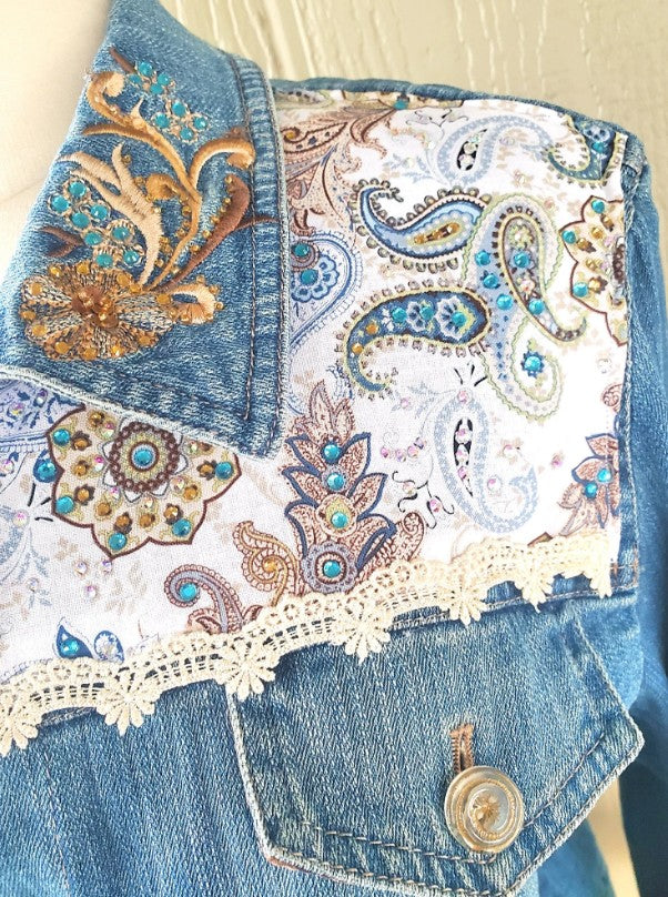 Embroidered Boho Rhinestone Jean Jacket